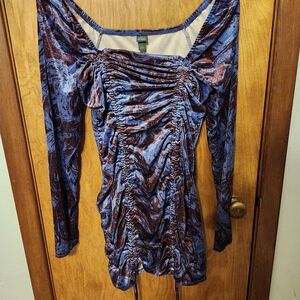 NWT Wild Fable Blue/Prple Marble Long Sleeve Ruched Velvet Bodycon Dress - Med